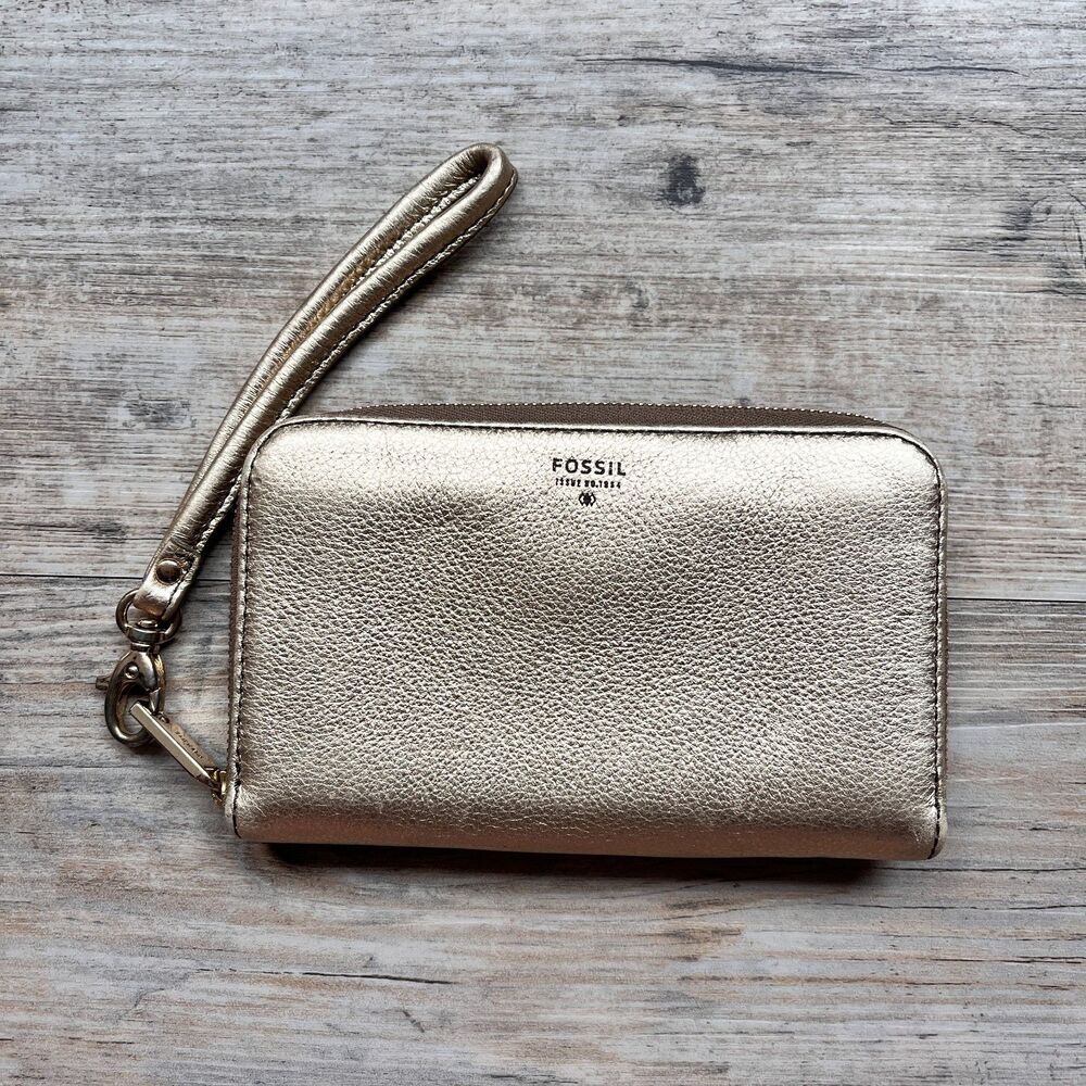 Fossil Champagne Shimmer Zip Wallet Metallic Gold Organizer Wristlet Shimmer